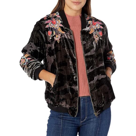 Johnny Was Los Angeles Camo Embroidered Velvet Zip Up Bomber Jacket - Picture 1 of 14